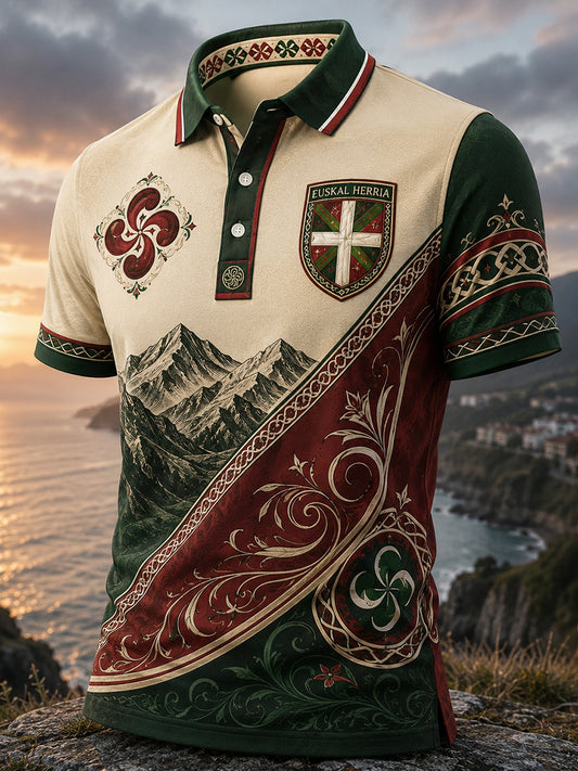 Polo informal de inspiración vasca española para hombre con estampado artístico