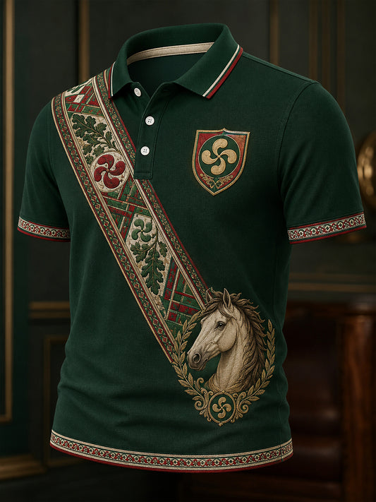 Camisa polo casual con estampado artístico de inspiración vasca española para hombre