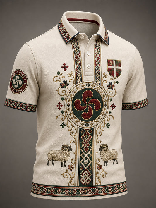 Camisa polo casual con estampado artístico de inspiración vasca española para hombre