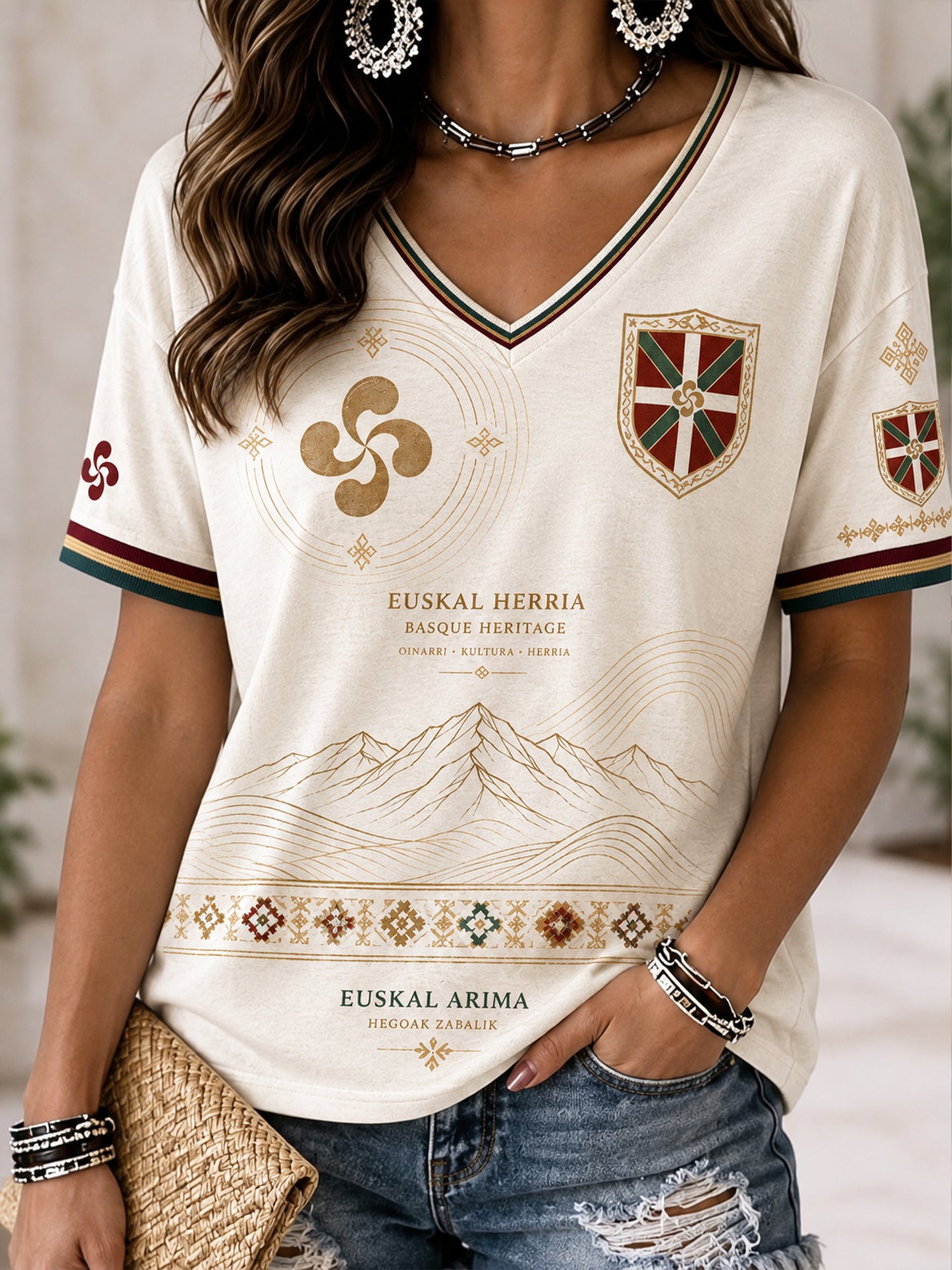 Camiseta casual con estampado artístico de elementos culturales vascos españoles para mujer