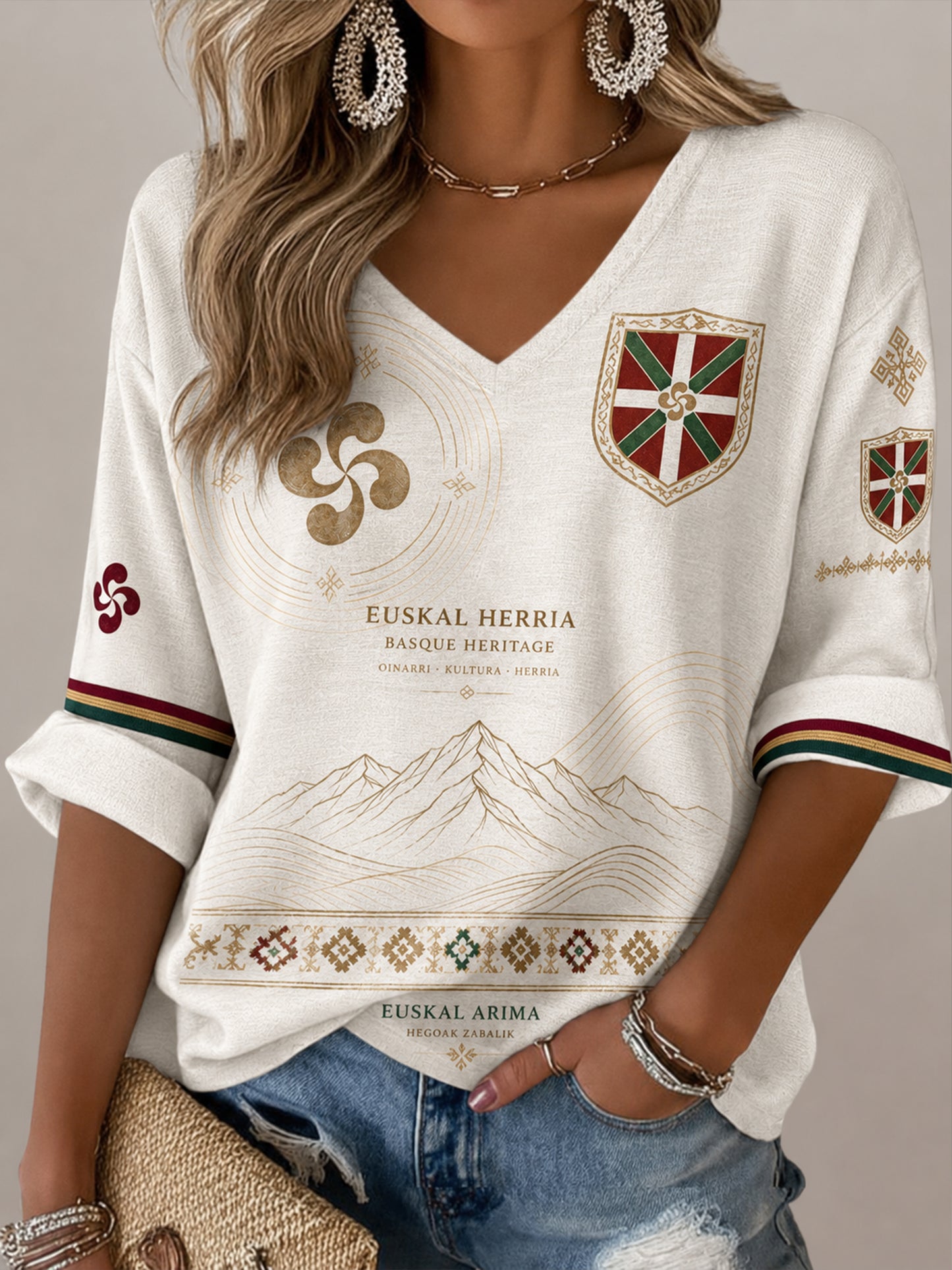 Top casual con estampado de arte de elemento cultural vasco español para mujer