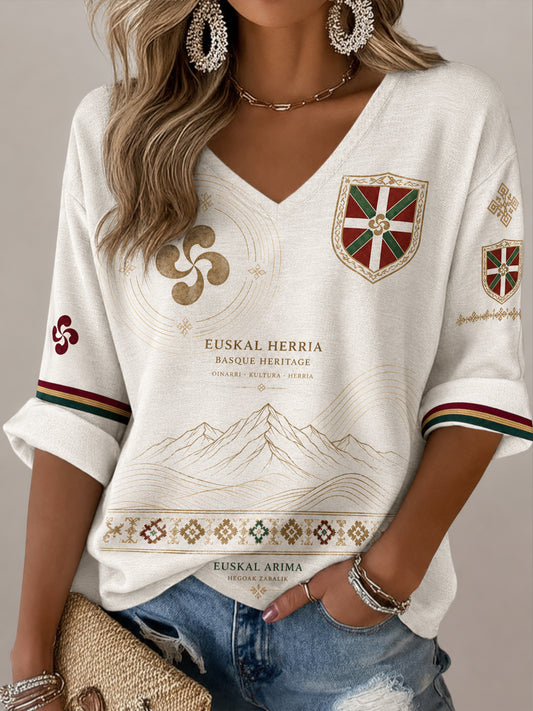 Top casual con estampado de arte de elemento cultural vasco español para mujer