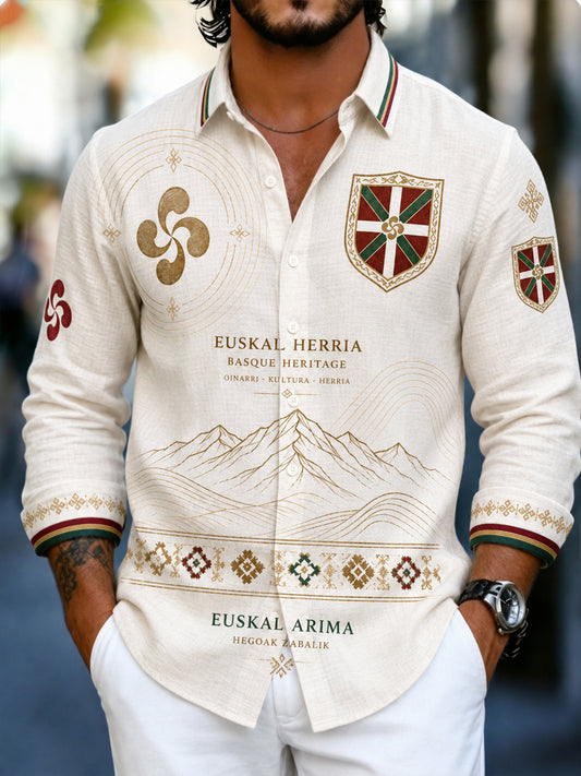 Camisa de manga larga casual con estampado de arte de elemento cultural vasco español para hombre