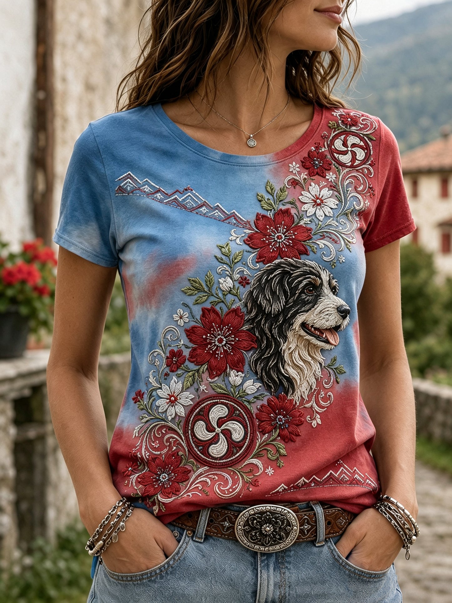 Camiseta casual con estampado artístico de elementos culturales vascos españoles para mujer