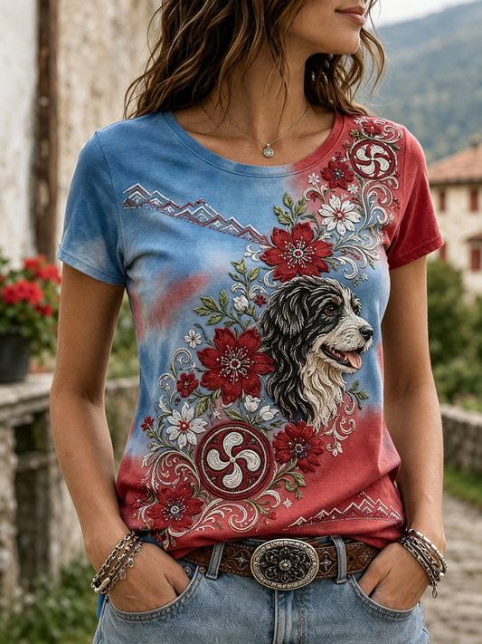 Camiseta casual con estampado artístico de elementos culturales vascos españoles para mujer
