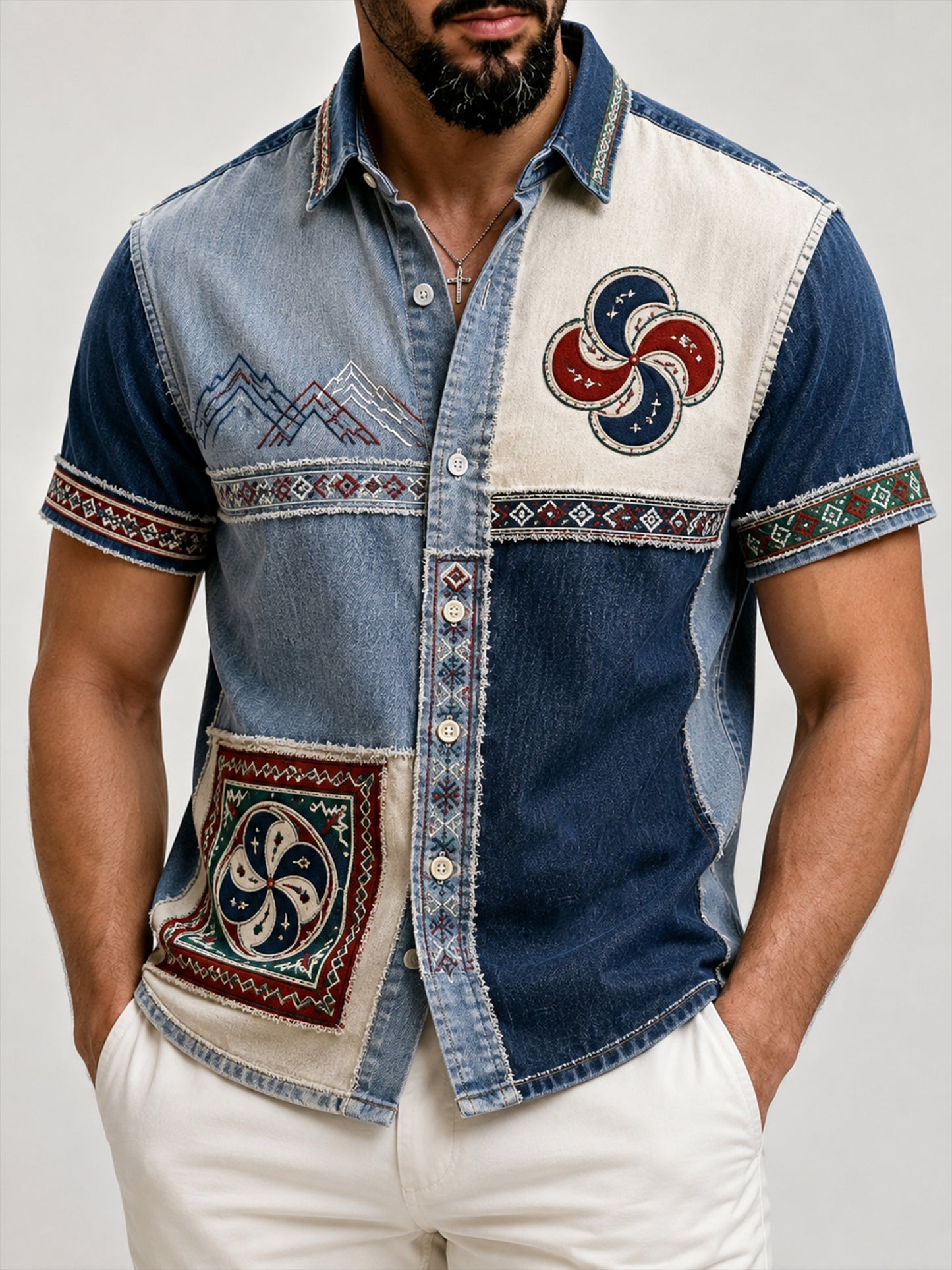 Camisa casual con estampado artístico y motivos culturales vascos para hombre