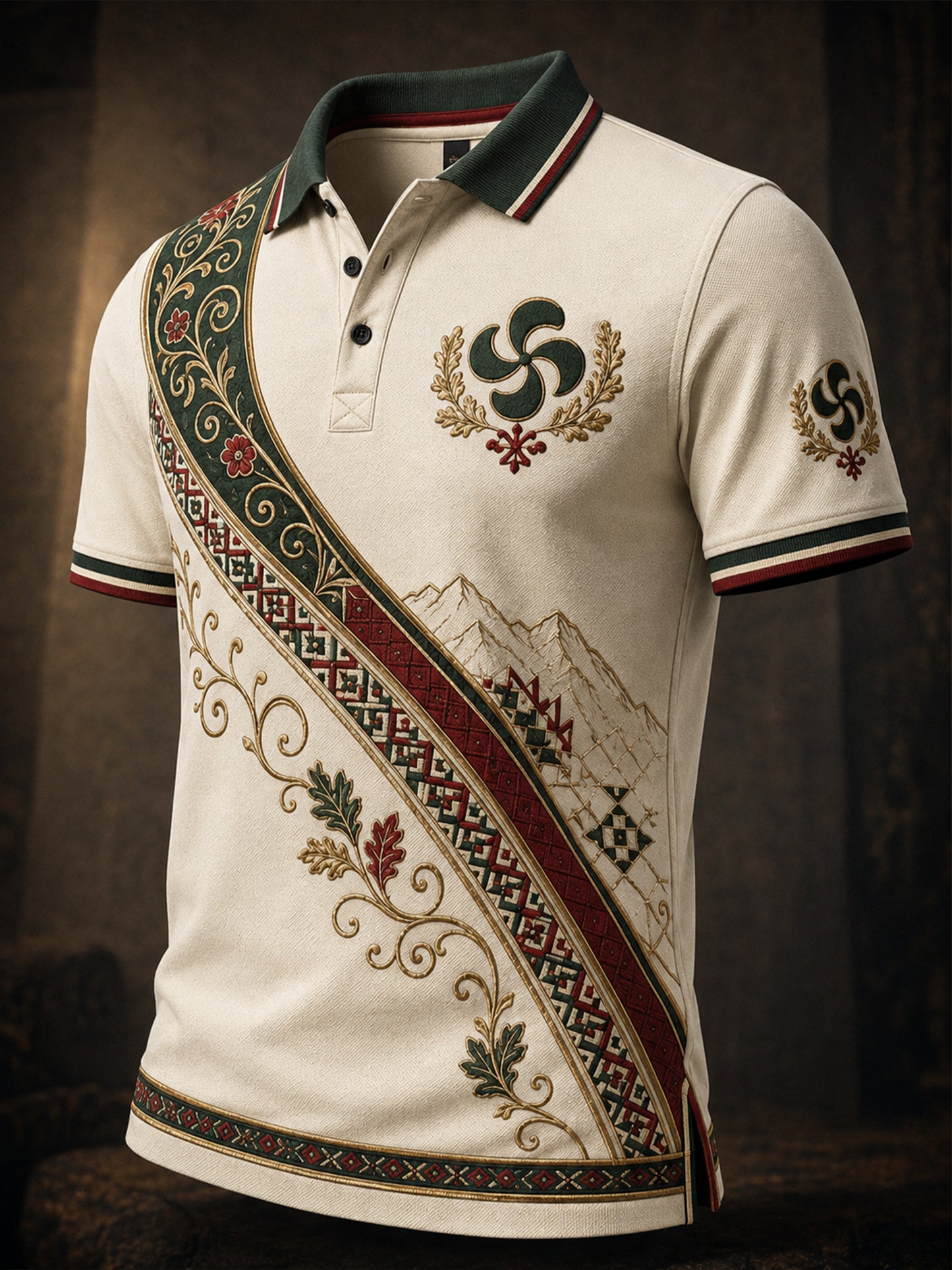 Polo casual con estampado artístico de inspiración cultural vasca española para hombre