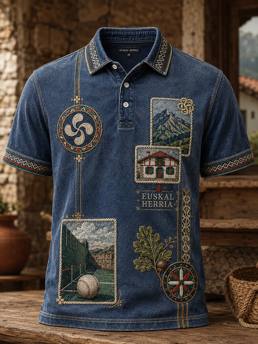Polo casual con estampado artístico de inspiración cultural vasca española para hombre