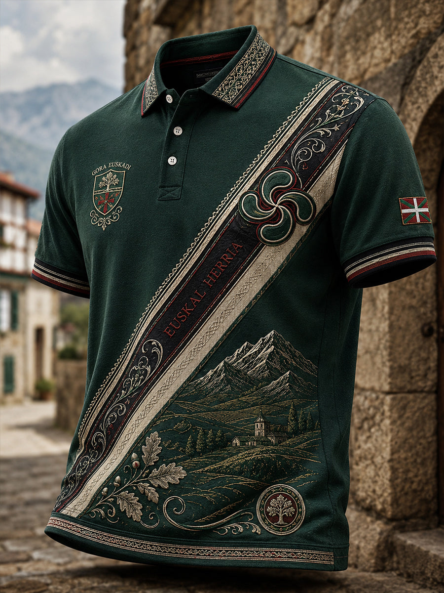 Polo casual con estampado artístico de inspiración cultural vasca española para hombre