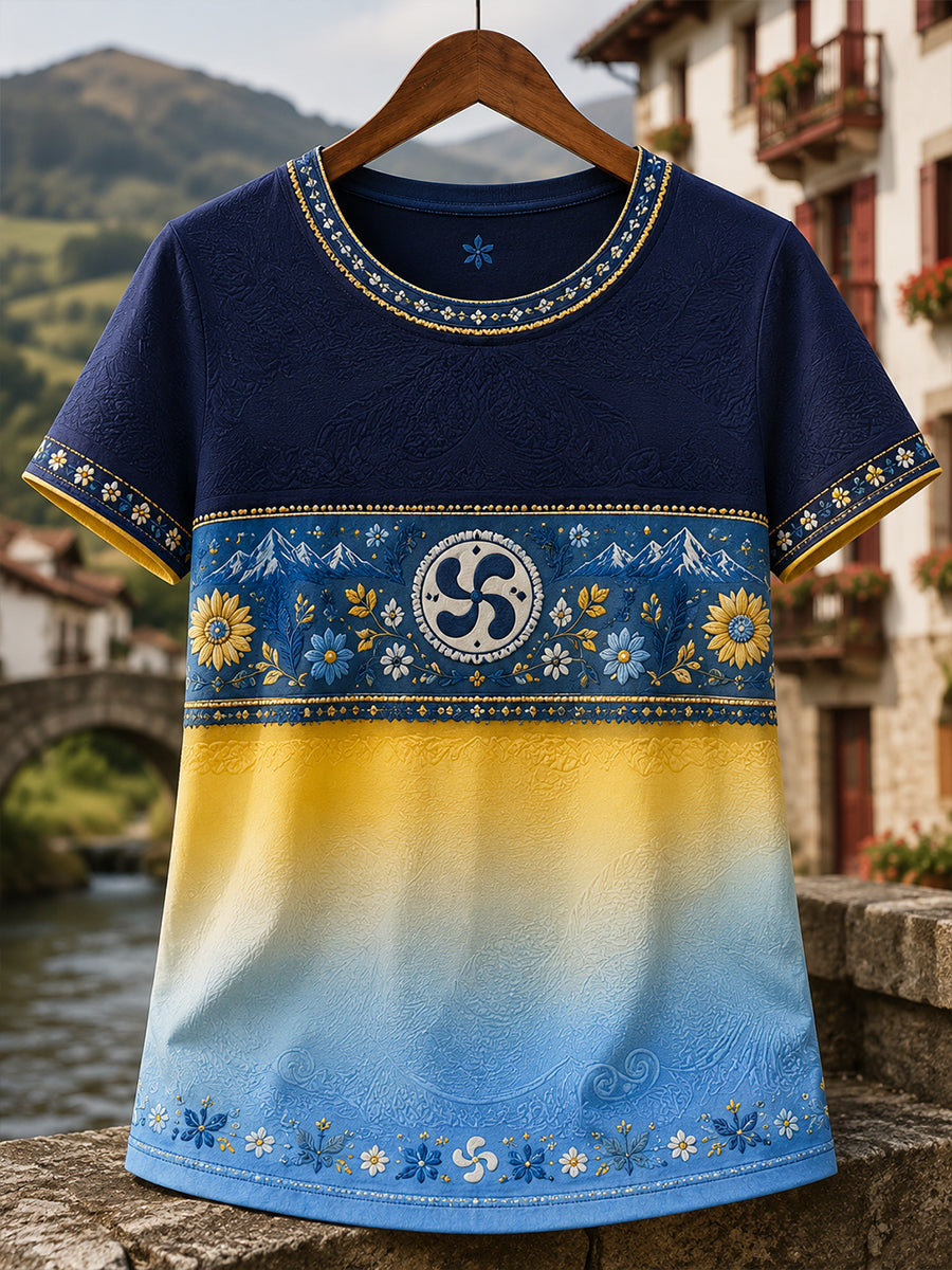 Camiseta casual con estampado artístico de elementos culturales vascos españoles para mujer