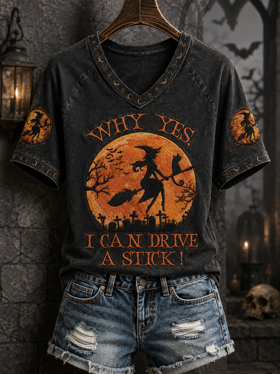 Divertido Halloween de las mujeres por qué sí, en realidad puedo conducir un palo bruja imprimir casual cuello en V camiseta