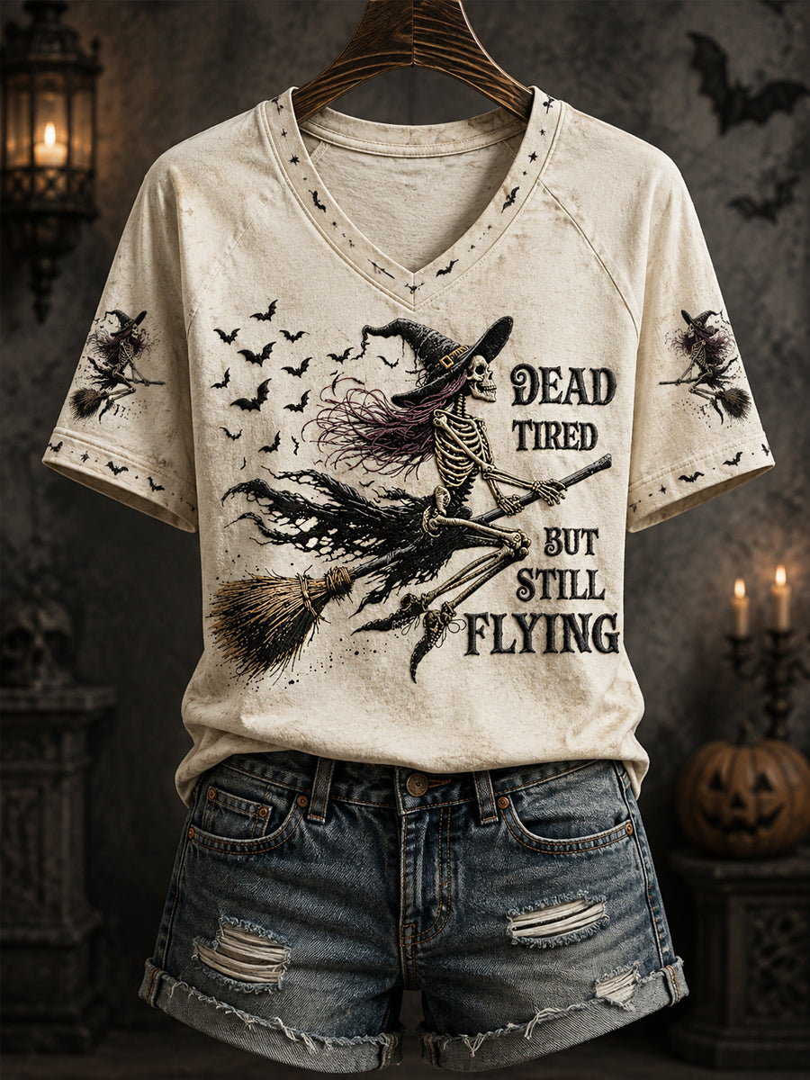 Divertido Halloween cráneo bruja impresión Casual V-cuello camiseta de las mujeres