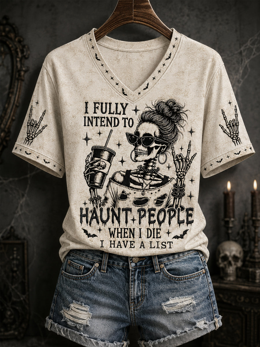 Camiseta informal con cuello en V y estampado divertido de calavera y bruja para mujer