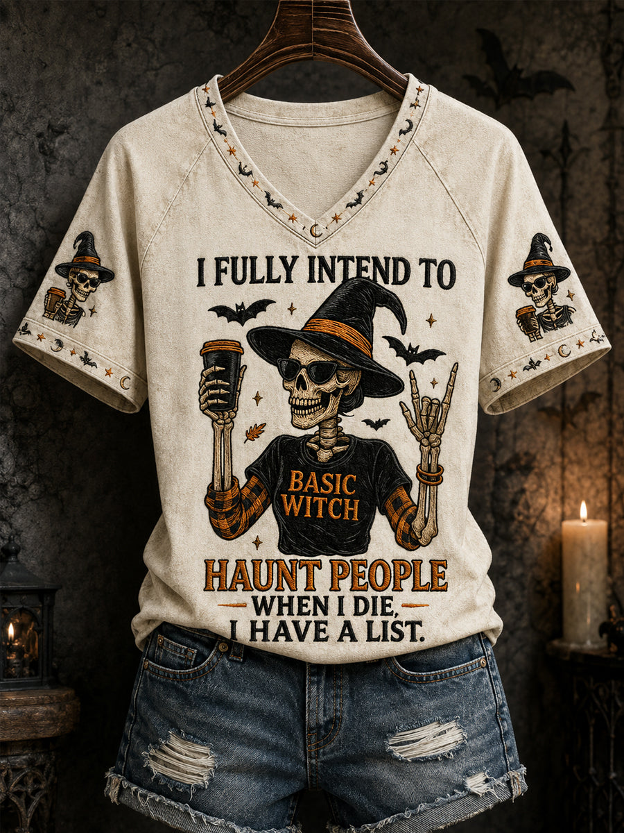 Camiseta informal con cuello en V y estampado divertido de calavera y bruja para mujer