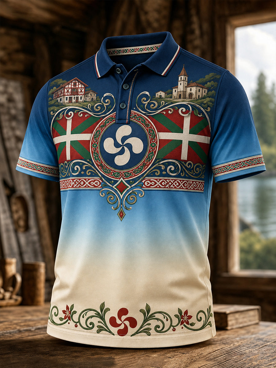 Camisa polo casual con estampado artístico de inspiración vasca española para hombre