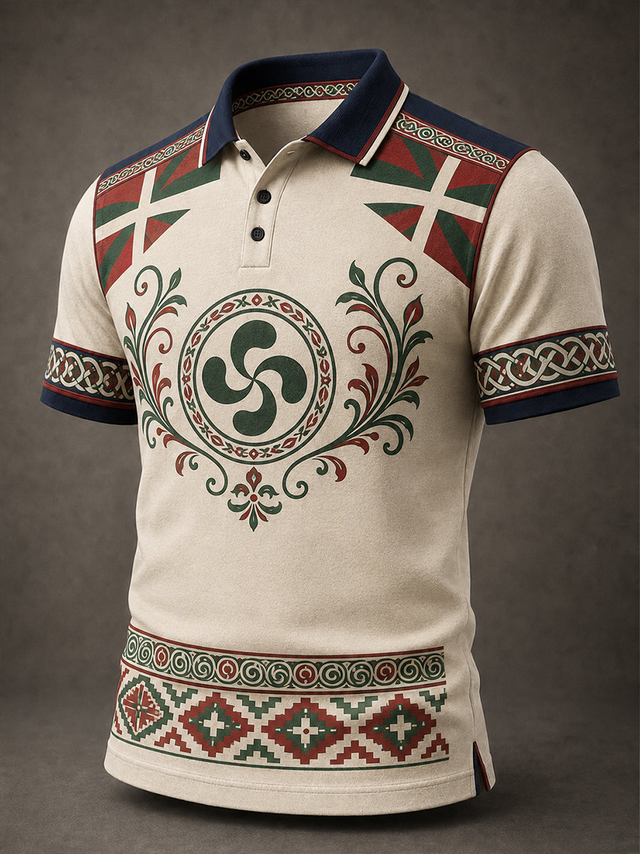 Camisa polo casual con estampado artístico de inspiración vasca española para hombre