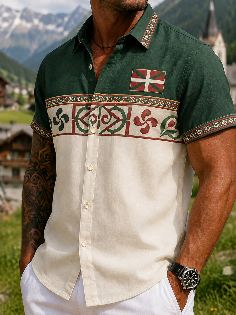 Camisa casual con estampado de arte de inspiración vasca española para hombre