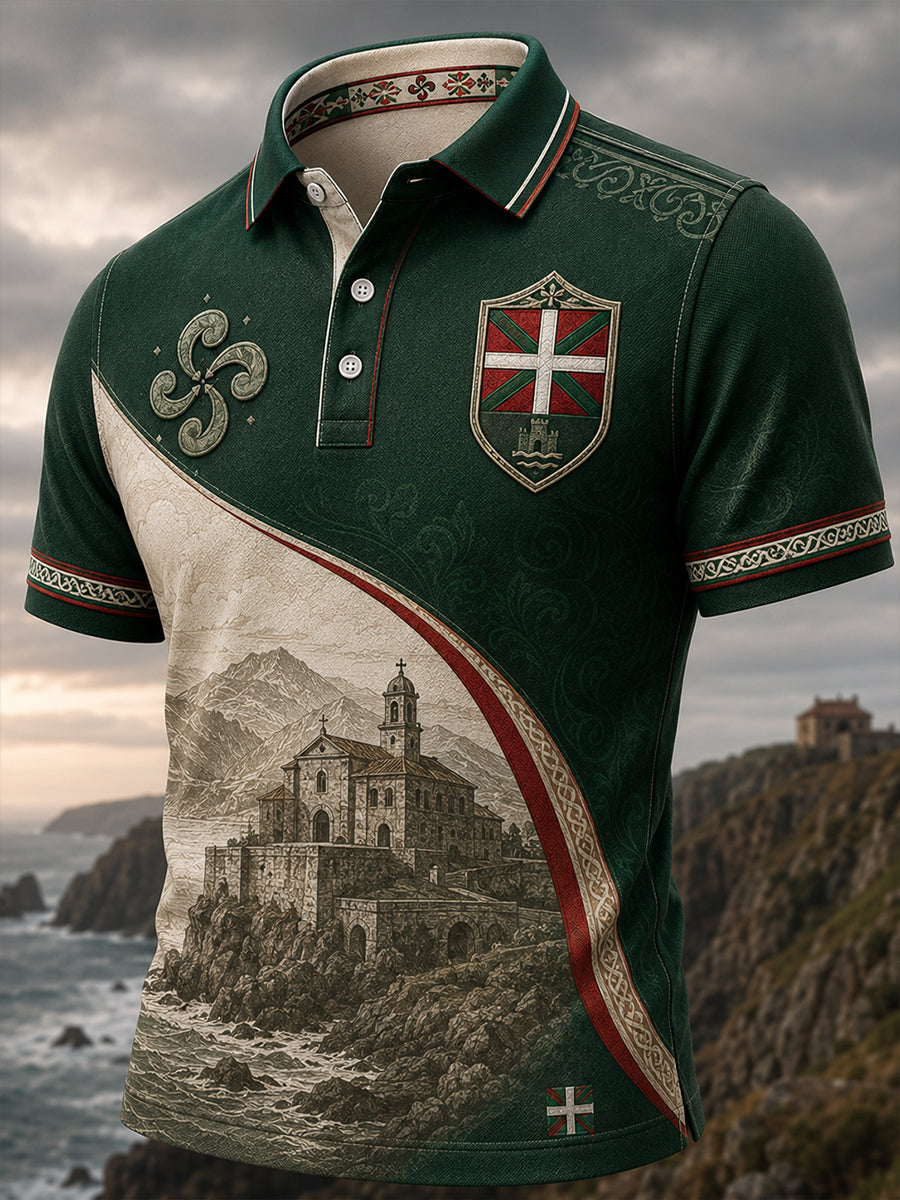 Camisa polo casual con estampado artístico de inspiración vasca española para hombre