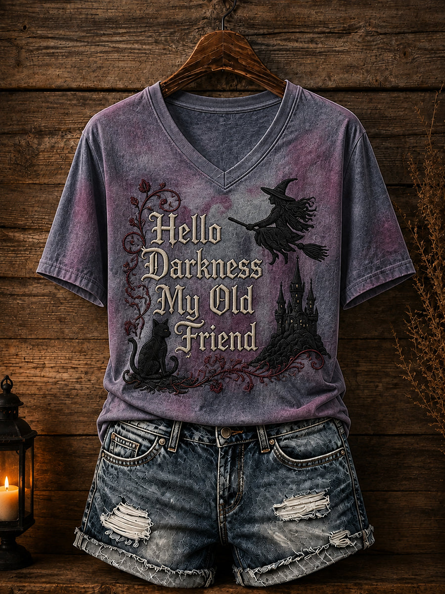Camiseta de mujer con estampado de Halloween: «Hola oscuridad, vieja amiga»