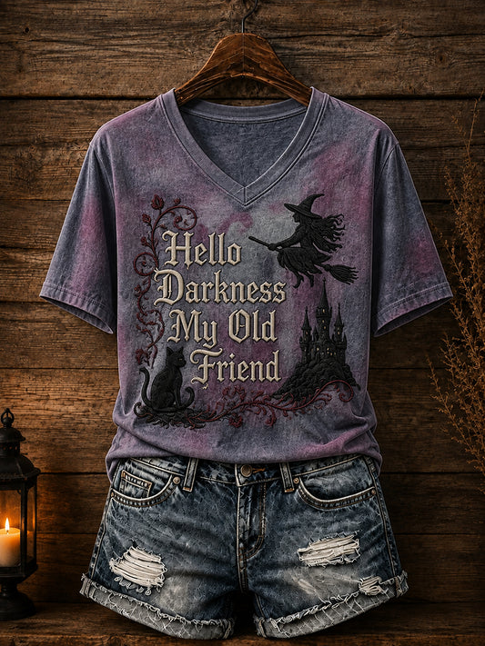 Camiseta de mujer con estampado de Halloween: «Hola oscuridad, vieja amiga»