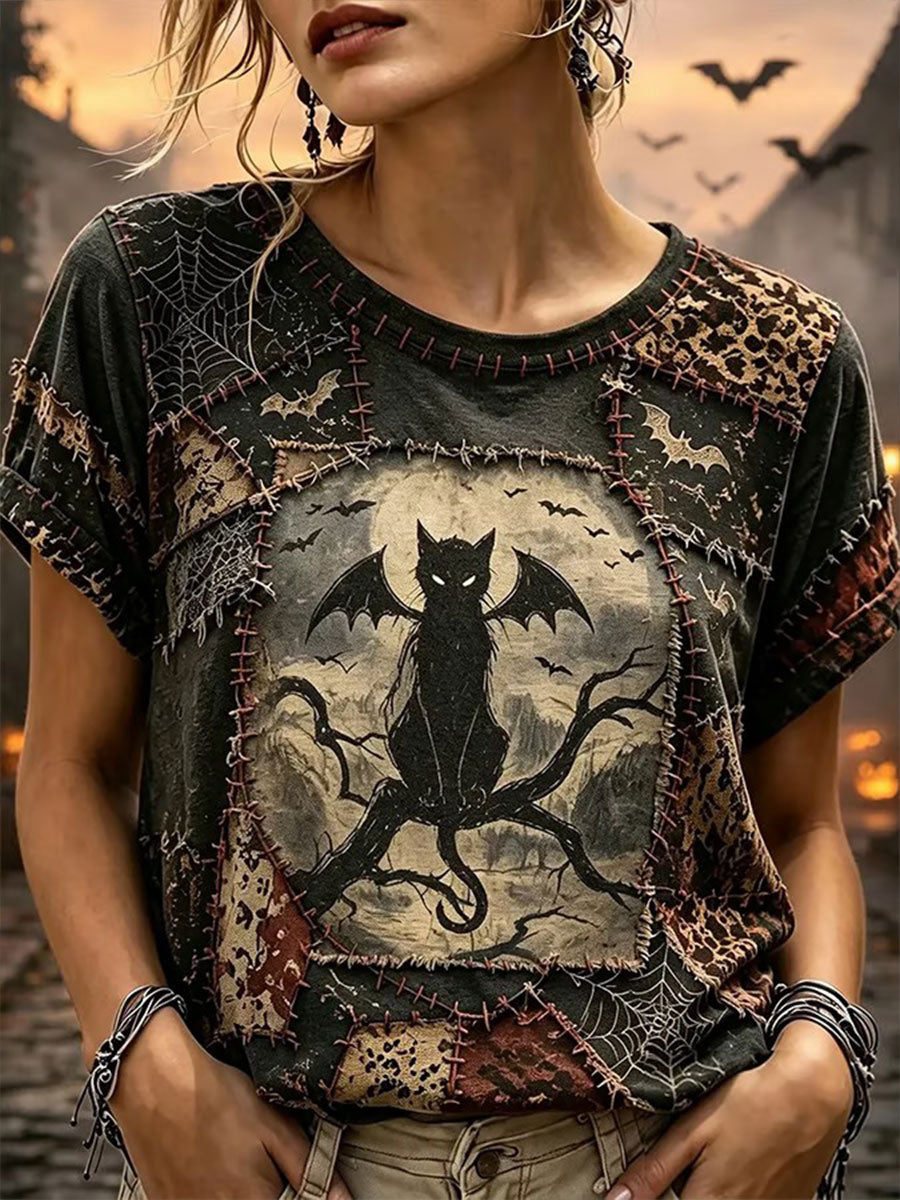 Camiseta de manga corta Halloween Black Cat para mujer