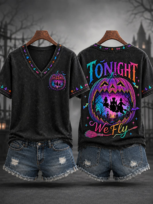 Camiseta informal con cuello en V y estampado divertido de brujas para Halloween, diseño femenino