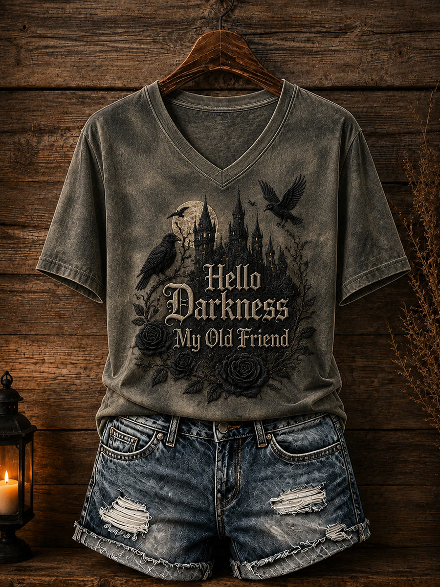 Camiseta de mujer con estampado de Halloween: «Hola oscuridad, vieja amiga»
