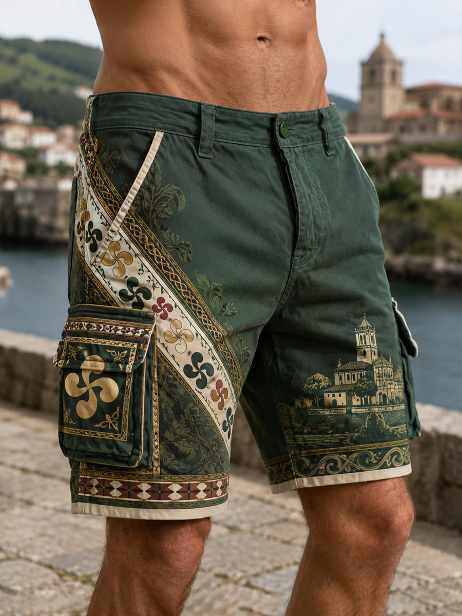 Pantalones cortos informales de trabajo con estampado artístico y motivos culturales vascos para hombre