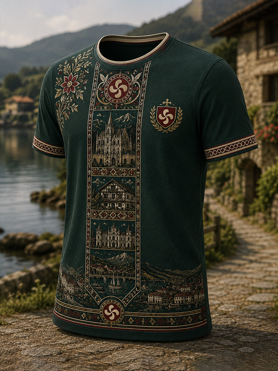 Camiseta estampada con motivos artísticos del folclore vasco español para hombre