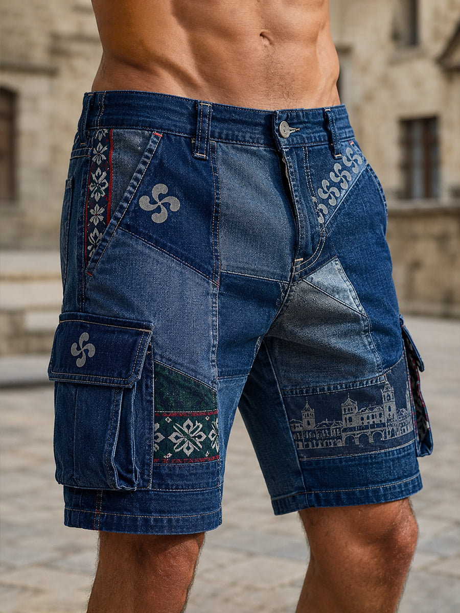 Pantalones cortos de trabajo casual con estampado de arte de elemento cultural vasco español para hombres