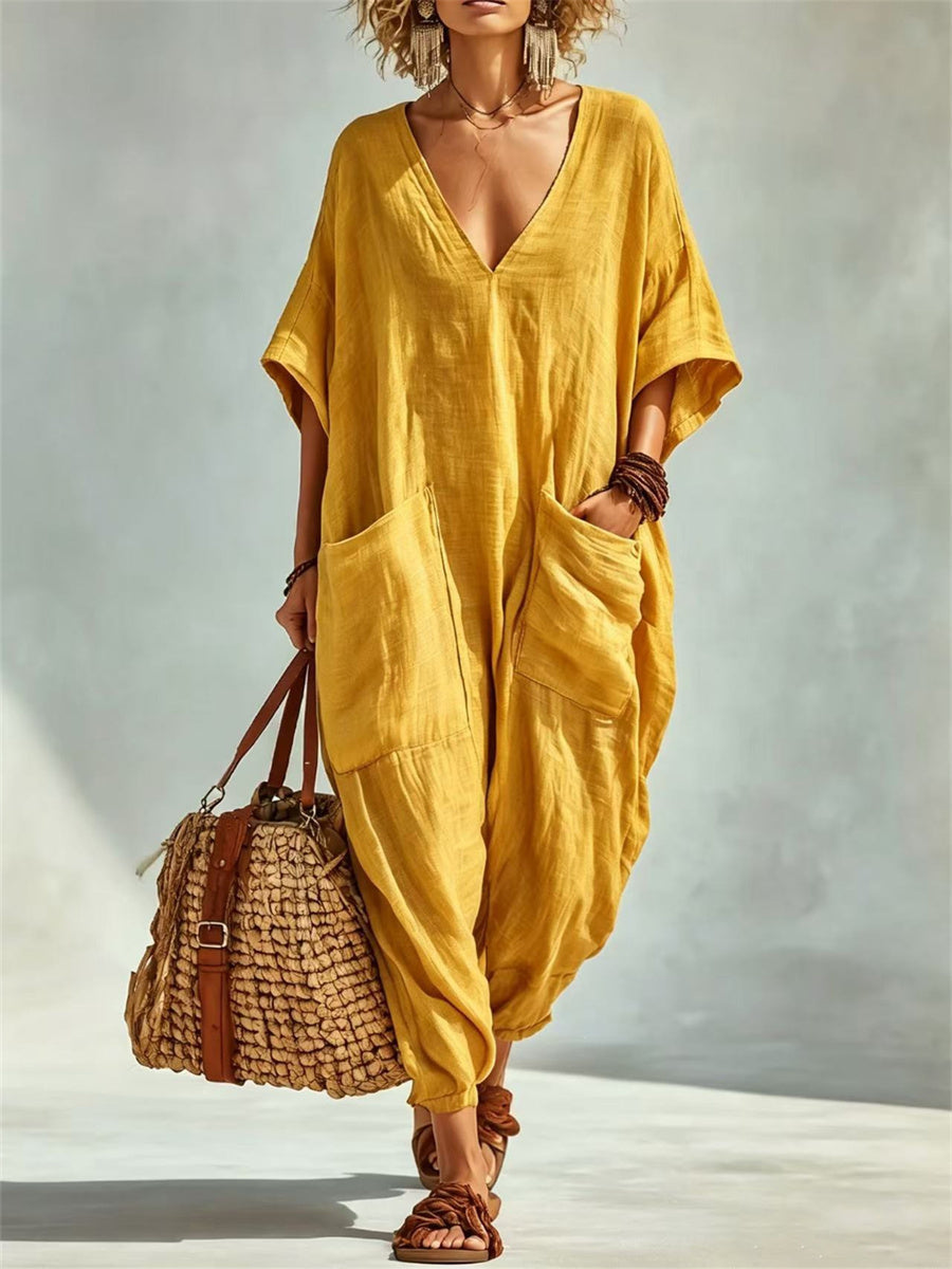 De las mujeres Vacaciones Parche Bolsillos Cuello En V Casual Oversize Lino Mono