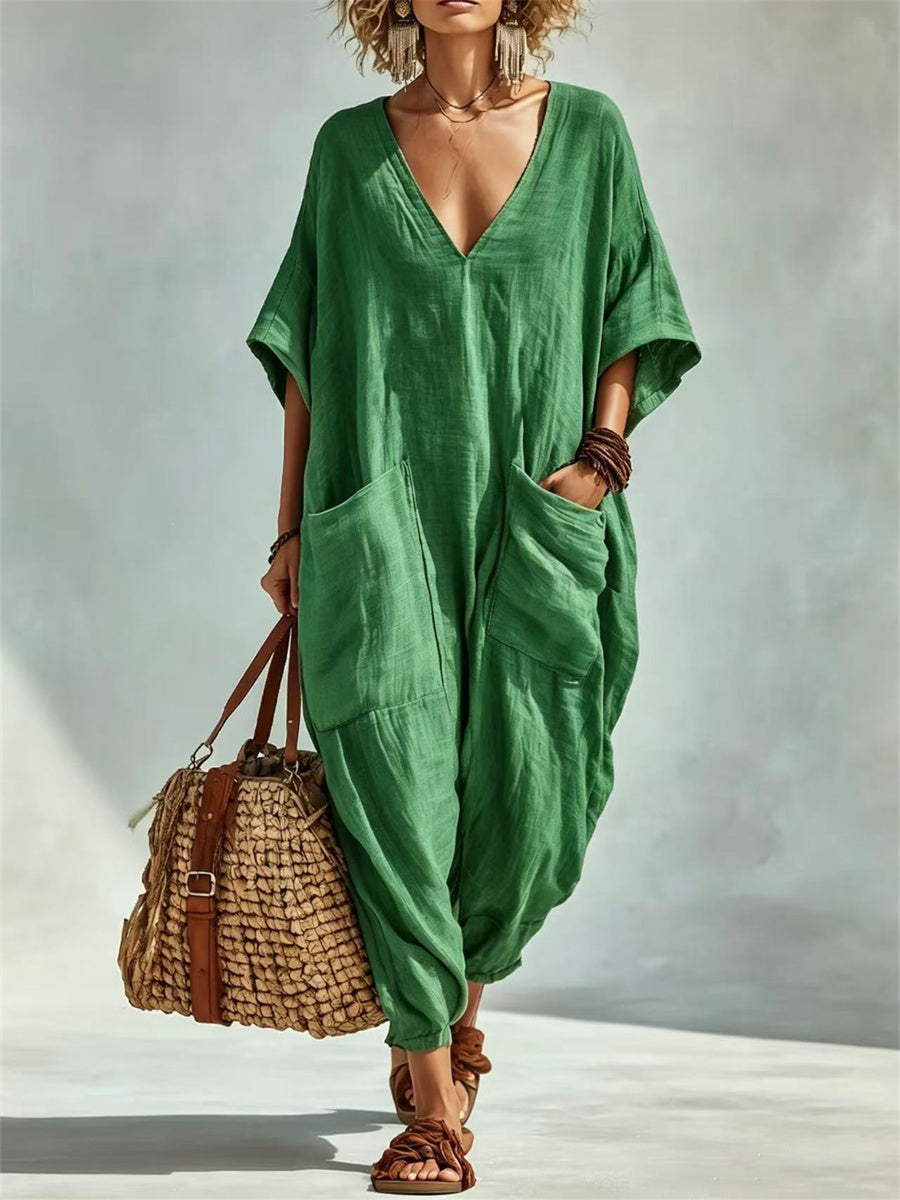 De las mujeres Vacaciones Parche Bolsillos Cuello En V Casual Oversize Lino Mono
