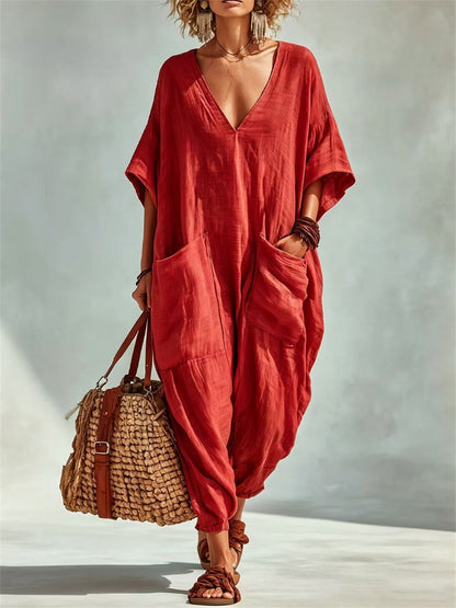 De las mujeres Vacaciones Parche Bolsillos Cuello En V Casual Oversize Lino Mono