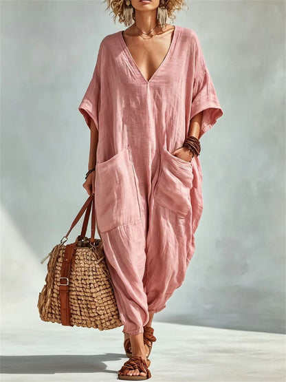 De las mujeres Vacaciones Parche Bolsillos Cuello En V Casual Oversize Lino Mono
