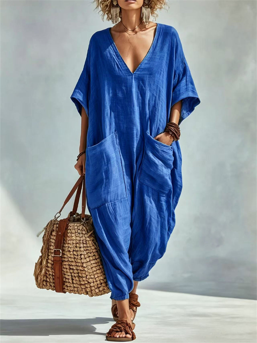 De las mujeres Vacaciones Parche Bolsillos Cuello En V Casual Oversize Lino Mono