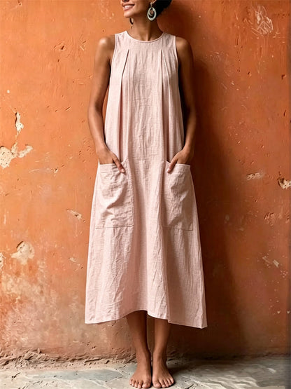 Bolsillos de parche de las mujeres pellizcó una línea maxi vestido de lino