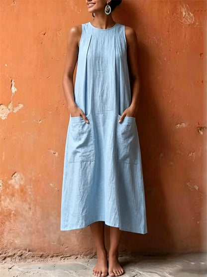Bolsillos de parche de las mujeres pellizcó una línea maxi vestido de lino