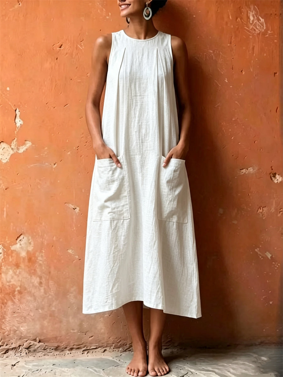 Bolsillos de parche de las mujeres pellizcó una línea maxi vestido de lino