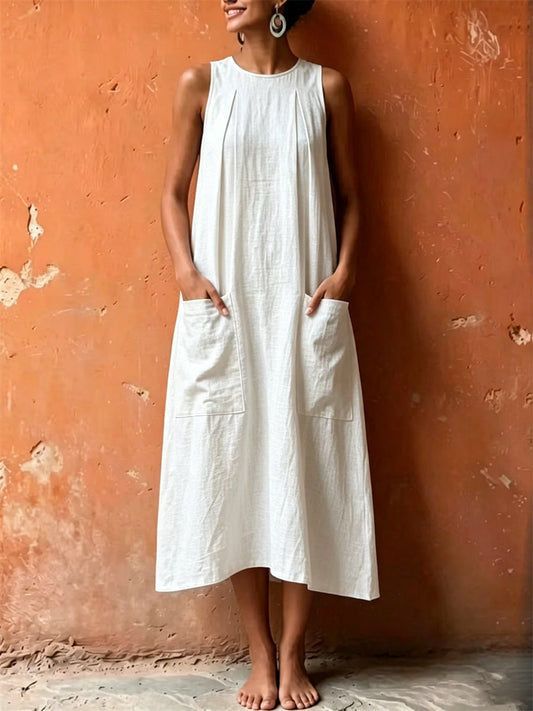 Bolsillos de parche de las mujeres pellizcó una línea maxi vestido de lino