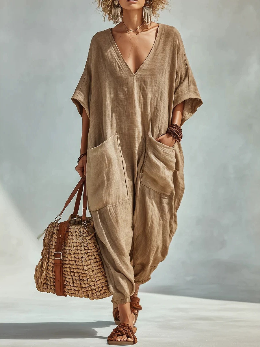 De las mujeres Vacaciones Parche Bolsillos Cuello En V Casual Oversize Lino Mono