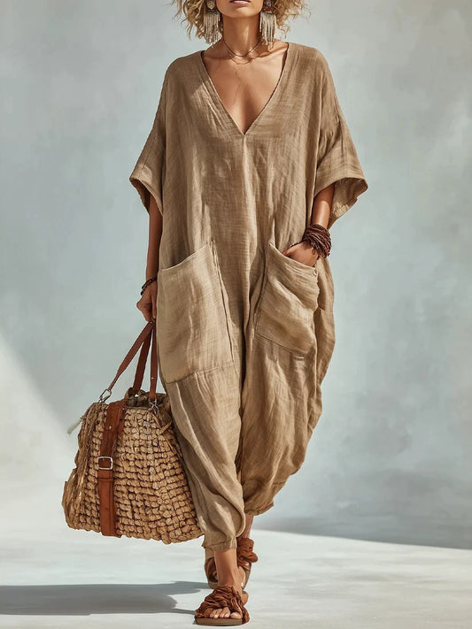 De las mujeres Vacaciones Parche Bolsillos Cuello En V Casual Oversize Lino Mono