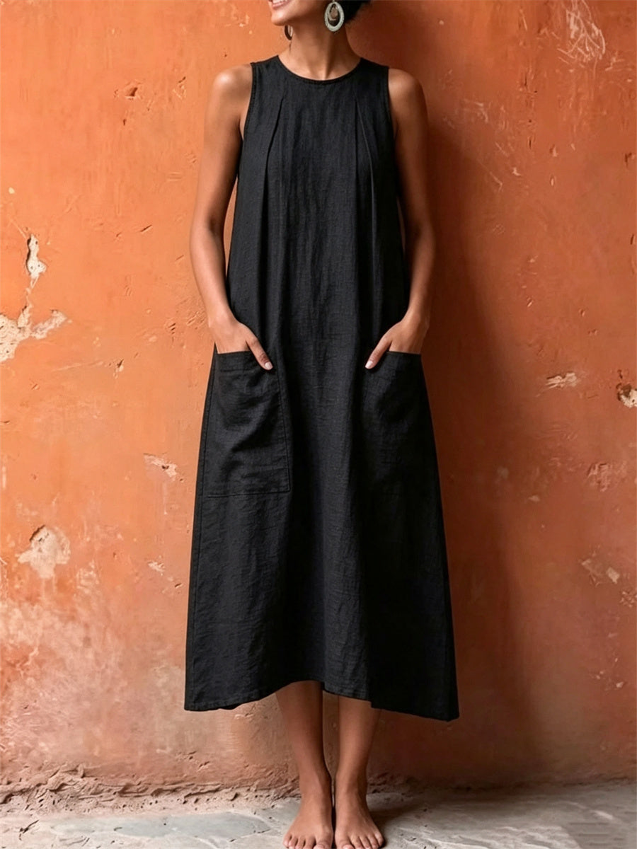 Bolsillos de parche de las mujeres pellizcó una línea maxi vestido de lino