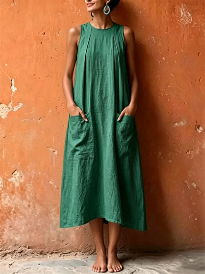 Bolsillos de parche de las mujeres pellizcó una línea maxi vestido de lino