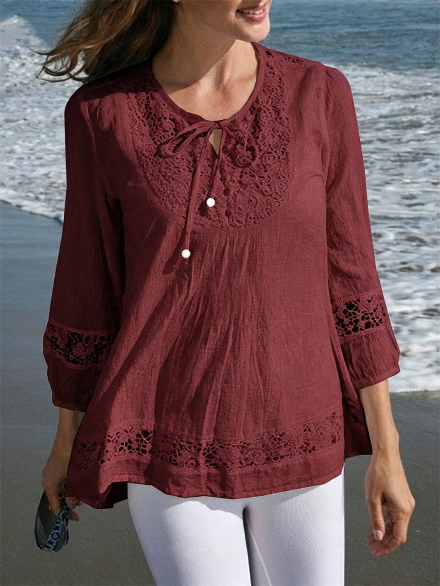 Boho de las mujeres Encaje Patchwork Atado Flowy Lino Túnica