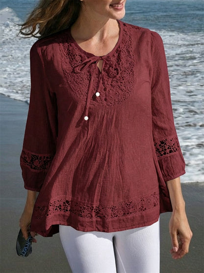 Boho de las mujeres Encaje Patchwork Atado Flowy Lino Túnica