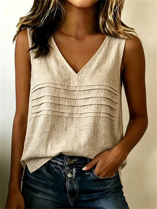 Camiseta sin mangas de lino con cuello en V simple de mujer