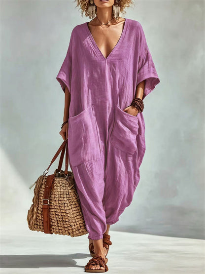 De las mujeres Vacaciones Parche Bolsillos Cuello En V Casual Oversize Lino Mono