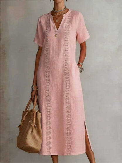 Elegante corte lateral de las mujeres muesca cuello maxi vestido de lino