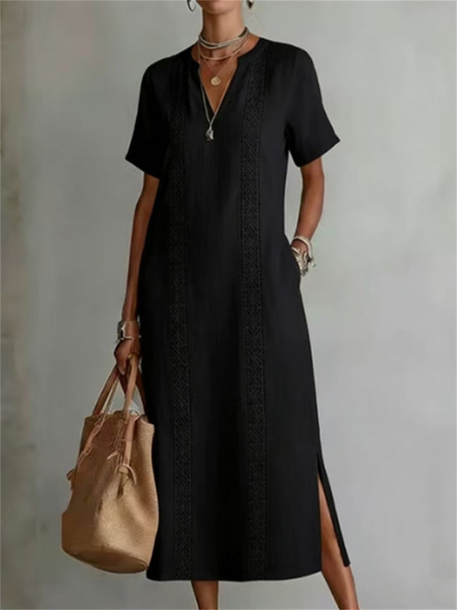 Elegante corte lateral de las mujeres muesca cuello maxi vestido de lino