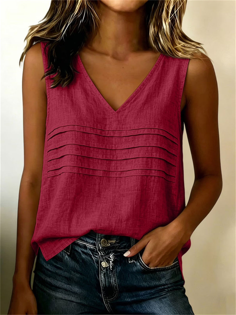 Camiseta sin mangas de lino con cuello en V simple de mujer